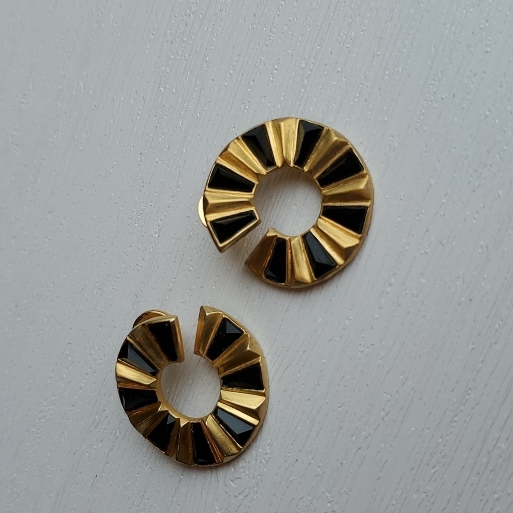 Dean Davidson Abstract Retro Black and Gold Hoop Stud Earrings MCM - Picture 4 of 5